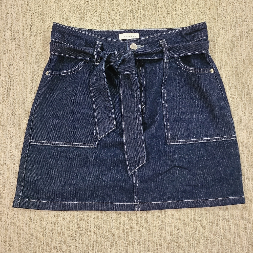 TOPSHOP Womens Size 6 Moto Belted Dark Blue Denim Jean Mini Short SkirtMod Sty